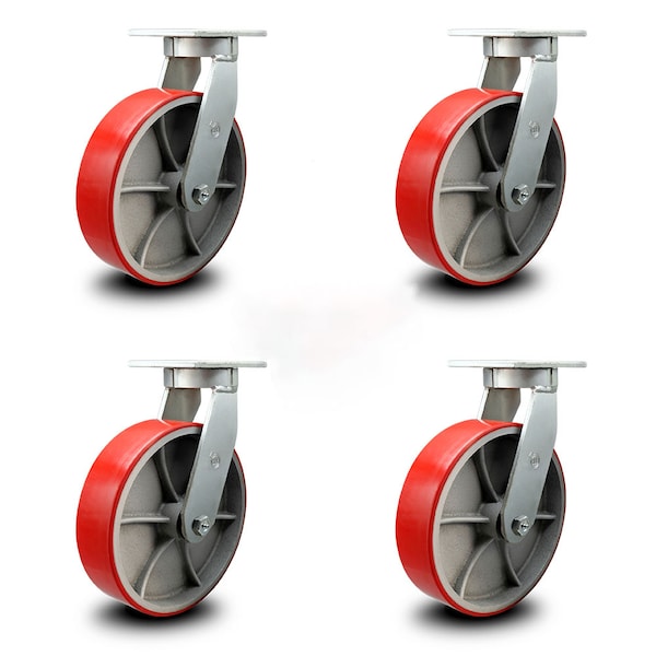 Service Caster 12 Inch Heavy Duty Red Poly on Cast Iron Swivel Caster Set with 2 Swivel Locks SCC-KP92S1230-PUR-RS-BSL-2-S-2 - main